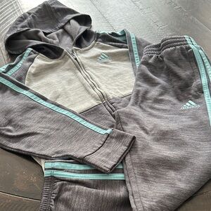 Adidas Kids Gray and Teal Zip-up + Jogger Tracksuit Set | Size 5/5T